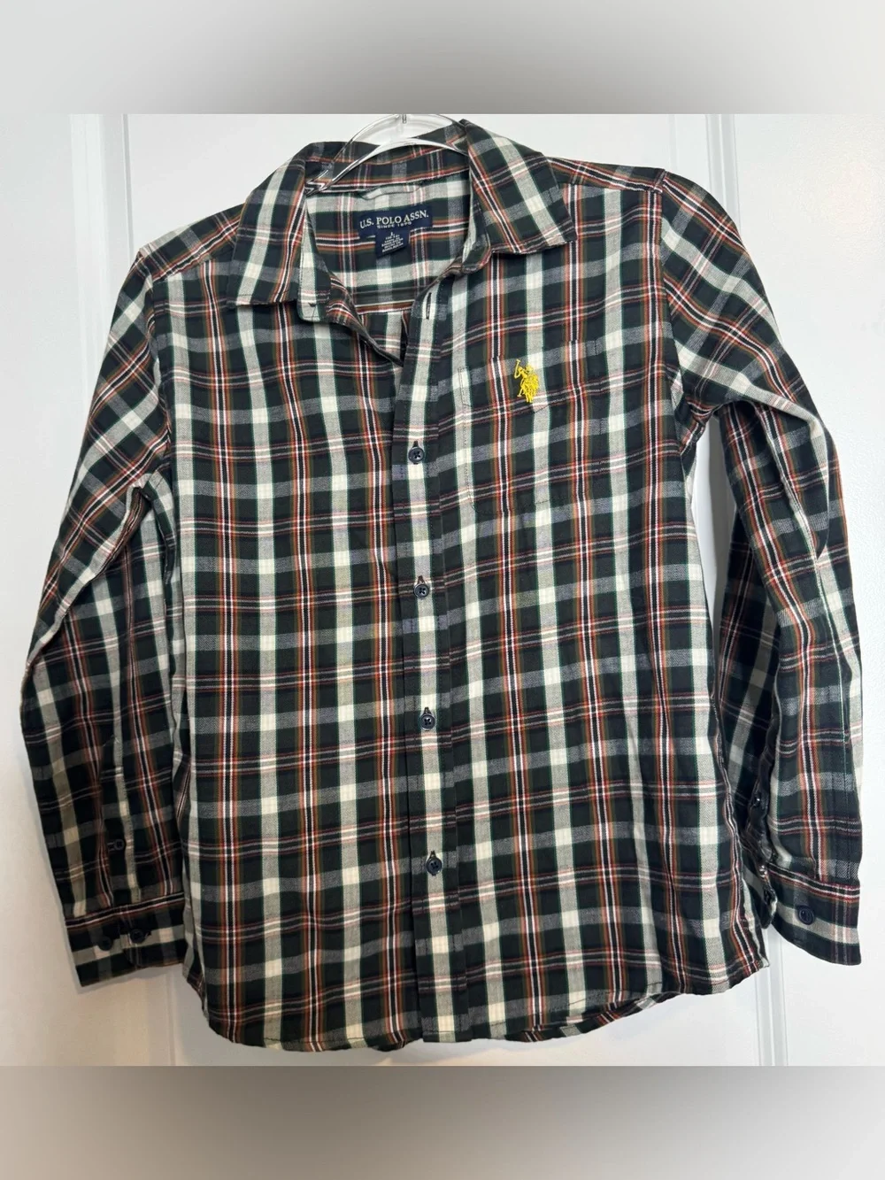 U.S. Polo Assn. Black and Green Plaid Button-Down Shirt with Yellow Logo 10/12